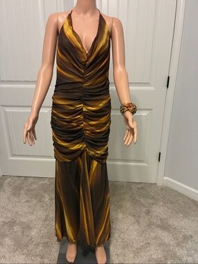 Bardot Brown and Gold Ruched Halter Maxi Dress.